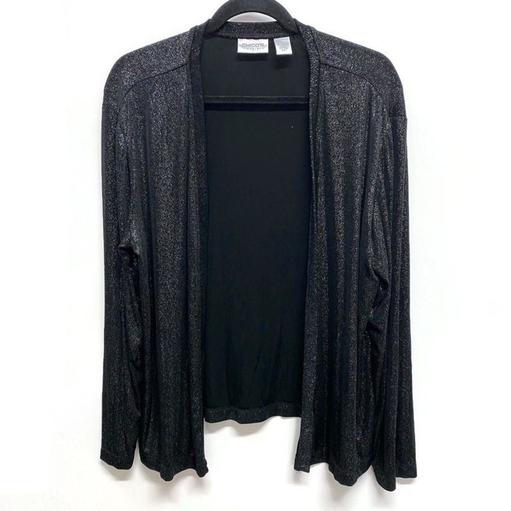Chicos Travelers‎ Women's Sz 3 Open Cardigan Over Jacket Black Metallic Silver